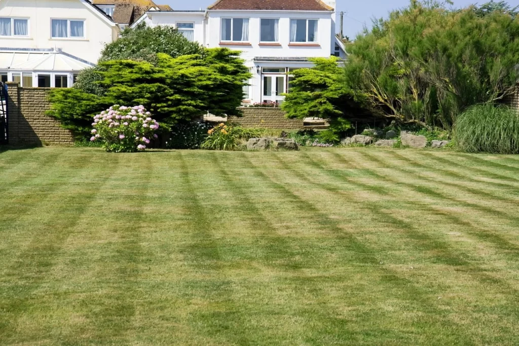 A beautiful house with a well-manicured lawn, featuring green grass and neatly trimmed hedges.