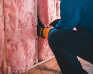 A skilled handyman carefully installing insulation in a wall cavity to improve energy efficiency and comfort in the home